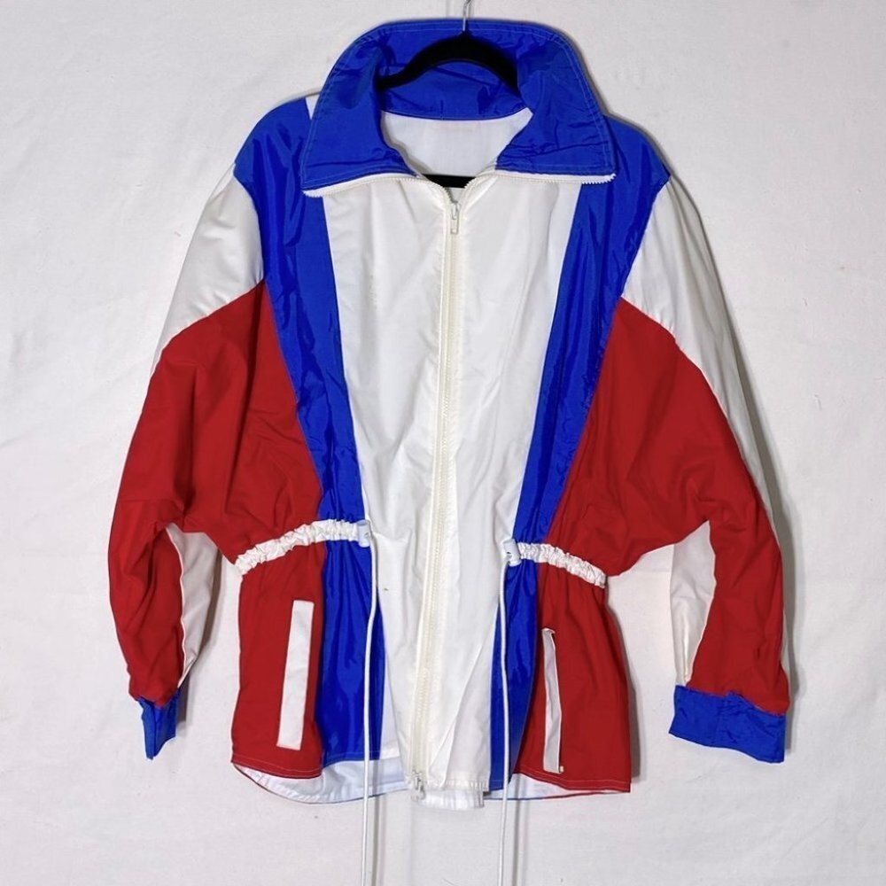 Vintage Red White Blue Long Windbreaker Jacket XL